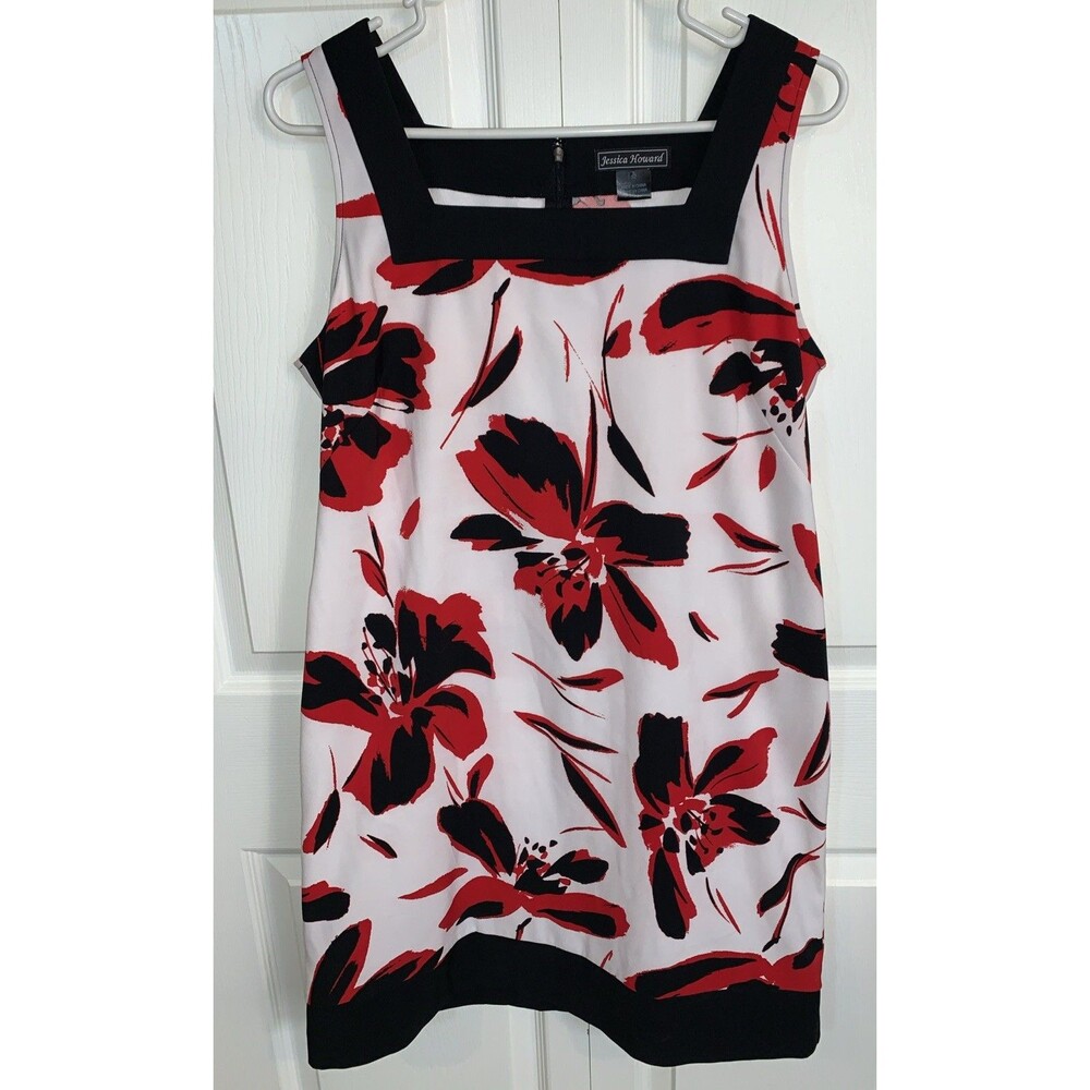 Jessica Howard Dress Women's 12 Black Red Floral Sheath Marine Nautical